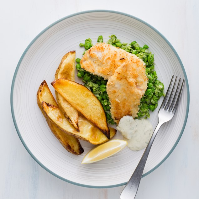 Lemon Panko-Crumbed Fish with Wedges and Broccoli Pea Smash