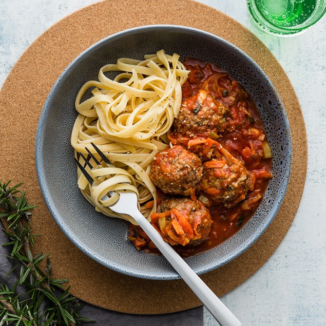 Rosemary Beef Meatballs with Tomato Vegetable Sauce