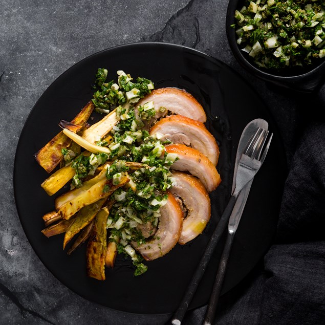 Roasted Porchetta with Fennel & Rocket Salsa Verde