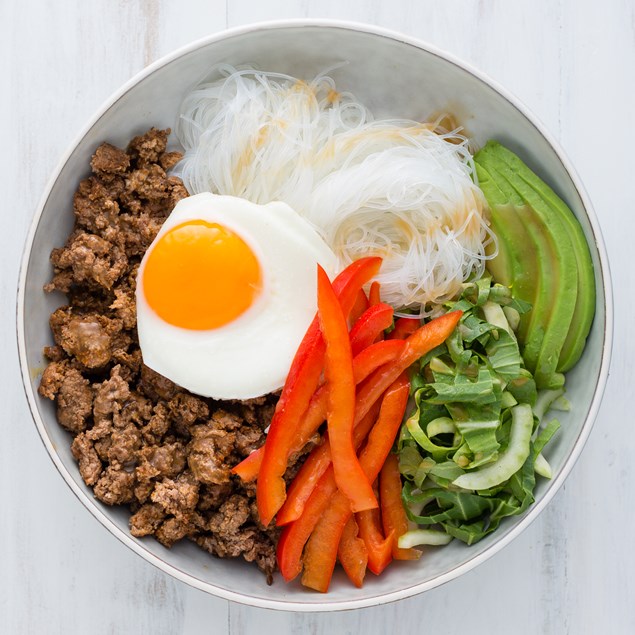Lamb Bibimbap with Fried Eggs and Vermicelli