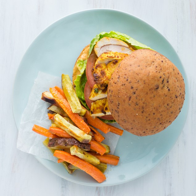 Persian-Spiced Chicken Burgers with Veggie Chips and Sweet Spiced Tomato Aioli