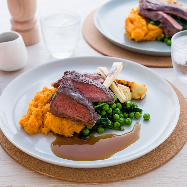 Beef with Honey-Roasted Parsnips and Red Wine Jus