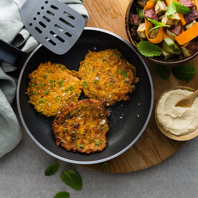 Moroccan Pea and Courgette Fritters with Kumara Salad and Hummus 