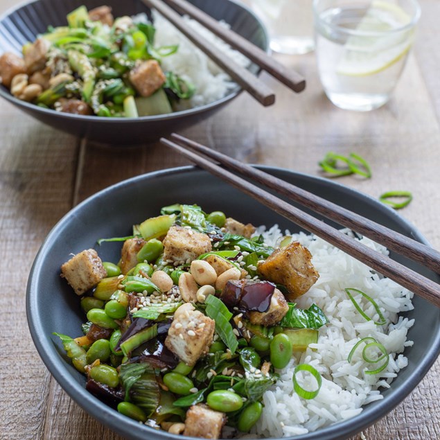 Marinated Eggplant and Edamame Stir-Fry with Chinese Five-Spice Tofu