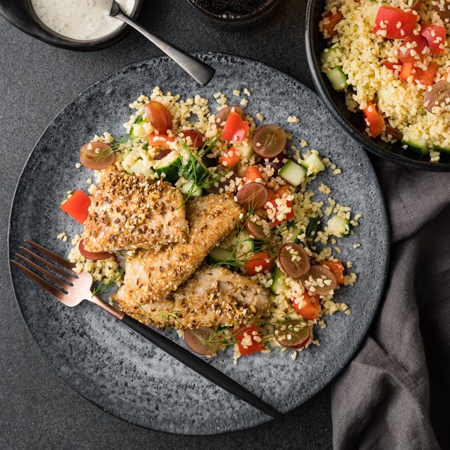 Dukkha Fried Fish with Grape Tabbouleh