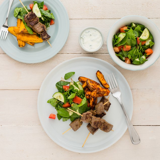 Beef Skewers with Kumara Chips and Cucumber Mint Cream