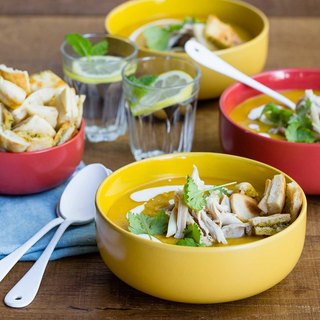 Indian Roast Chicken and Pumpkin Soup with Garlic Croutons