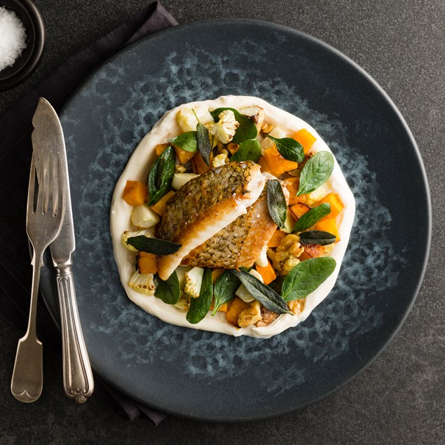 Crispy Fish with Cauliflower Purée and Sage Brown Butter