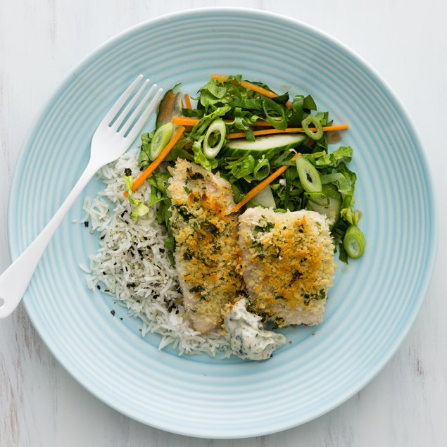 Coriander Crumbed Fish with Jasmine Rice and Japanese Salad My Food Bag