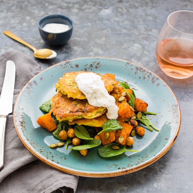 Haloumi and Courgette Fritters with Tandoori-Roasted Chickpea Salad
