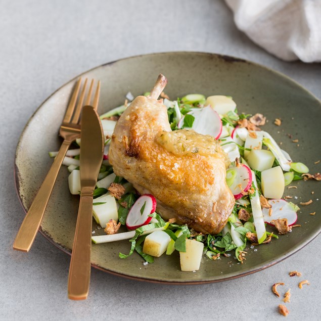 Twice-Cooked Chicken Leg with Green Apple Salad and Pineapple Salsa