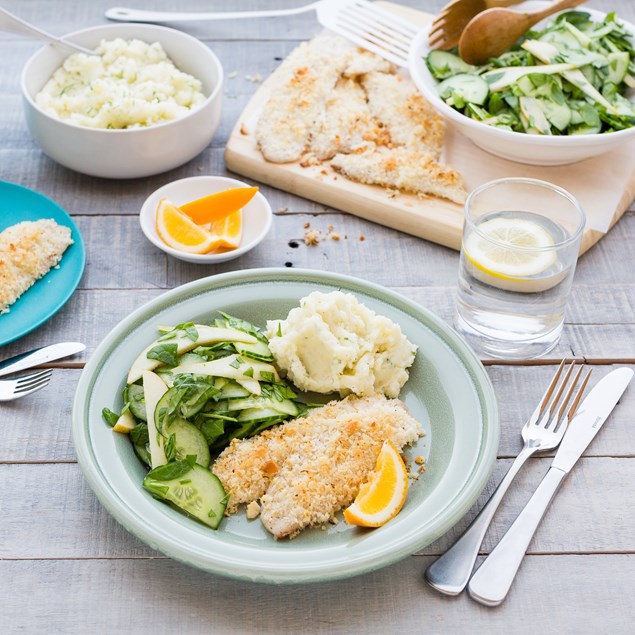 Macadamia Crusted Fish with Dill Mashed Potatoes and Pear Salad