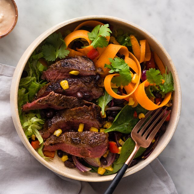 Chipotle Beef Bowl with Carrot Coriander Salad and Spiced Beans