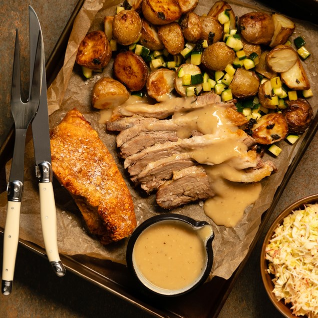 Roasted Pork Belly & Baby Potatoes with Remoulade Slaw 