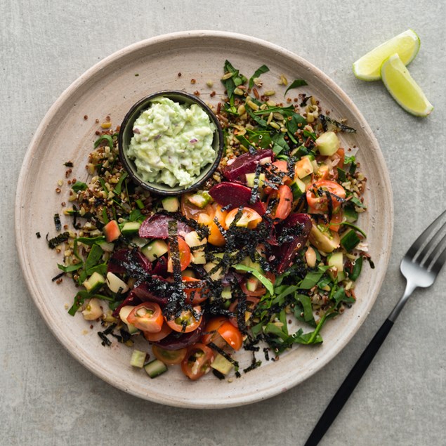 Beetroot, Macadamia and Super Grain Bowl with Avocado Whip