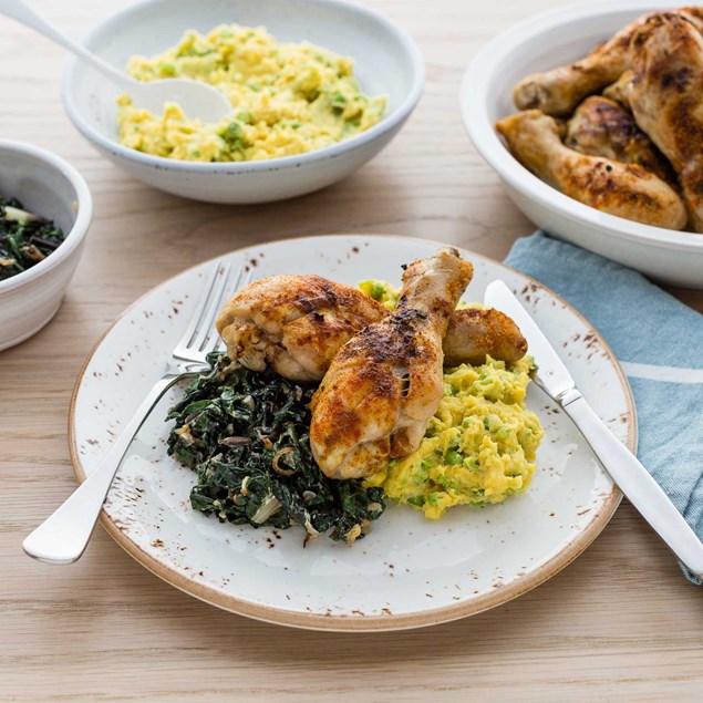 Spiced Chicken Drums with Kumara Pea Mash and Creamed Silverbeet