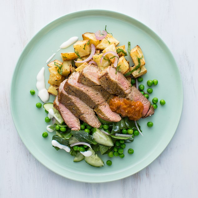 Bombay Lamb Steaks with Mint Potatoes and Cucumber Salad