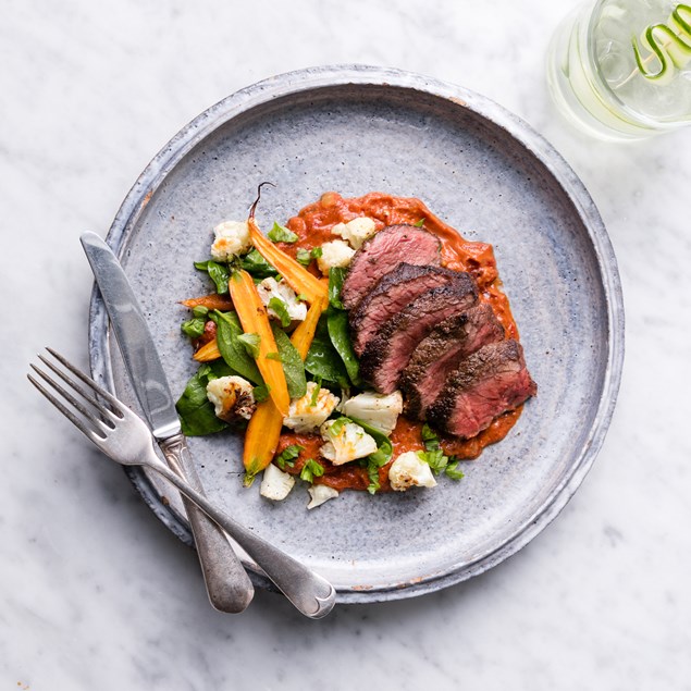 Merguez Beef with Harissa Roasted Vegetables