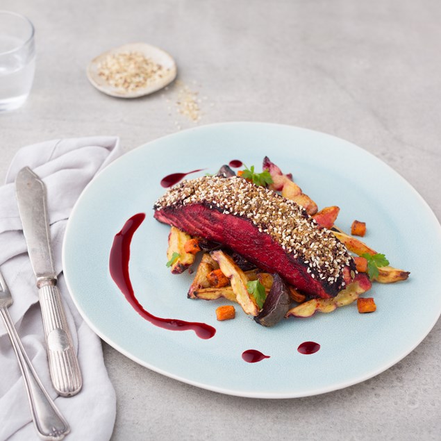 Beetroot Salmon with Seeded Citrus Crust and Winter Vegetables