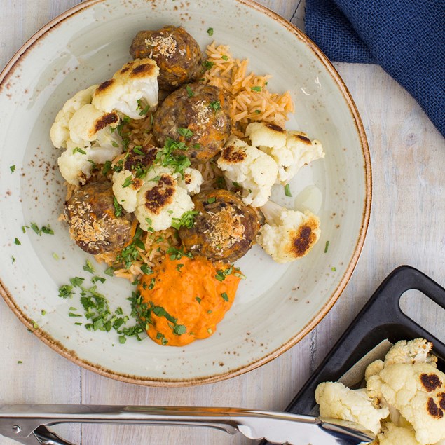 Macedonian Meatballs with Paprika Pilaf, Roasted Cauliflower and Ajvar Sauce