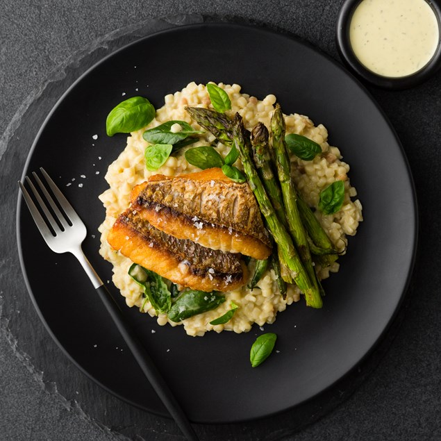 Pan Fried Fish with Fregola Risotto, Asparagus and Dill Hollandaise