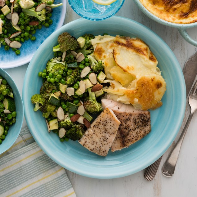 Pan Fried Fish with Scalloped Potatoes & Greens