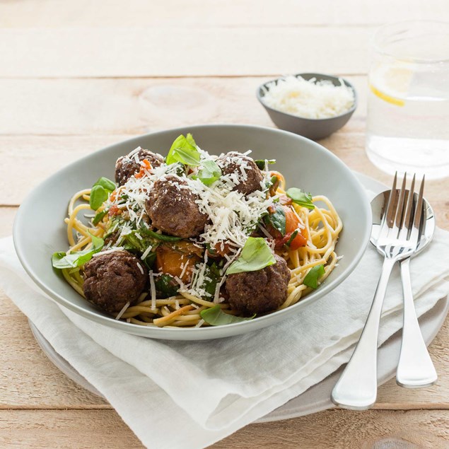 Spaghetti and Mini Meatballs with Cherry Tomato Sauce 