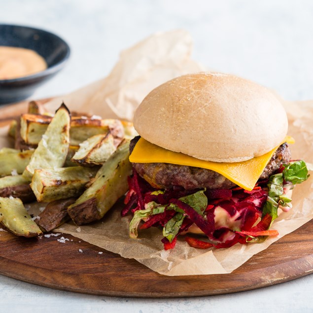Beef and Bacon Cheese Burgers with Kumara Fries and Beet Slaw  