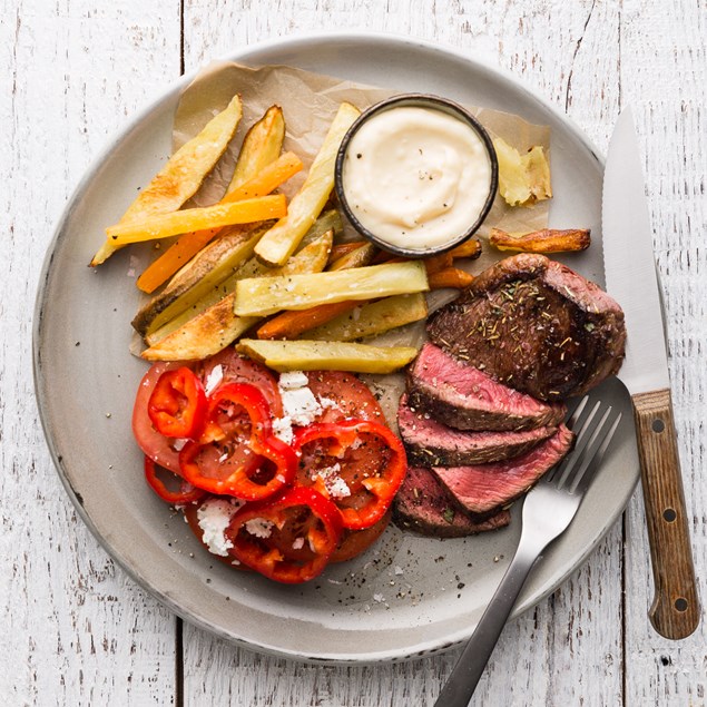 Beef Steaks with Tomato Salad and Garlic Aioli