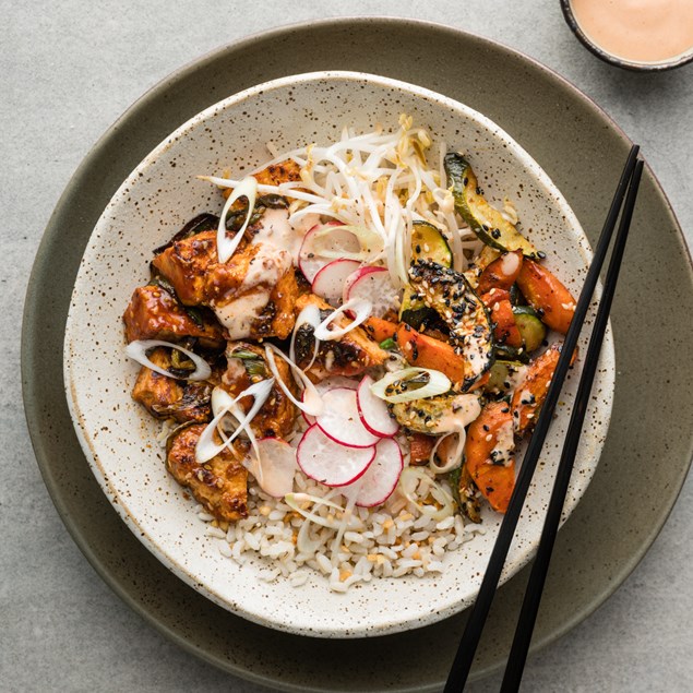 Korean Tofu Bibimbap with Peanut Rice & Asian BBQ Sauce