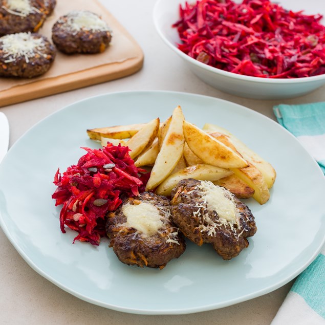Naked Beef Burgers with Beetroot Salad and Chunky Chips 
