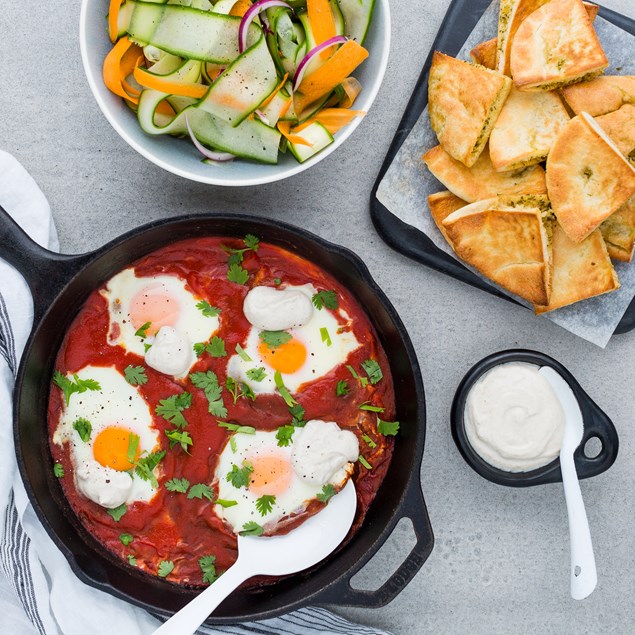 Turkish Baked Eggs with Tahini Yoghurt and Ribbon Salad