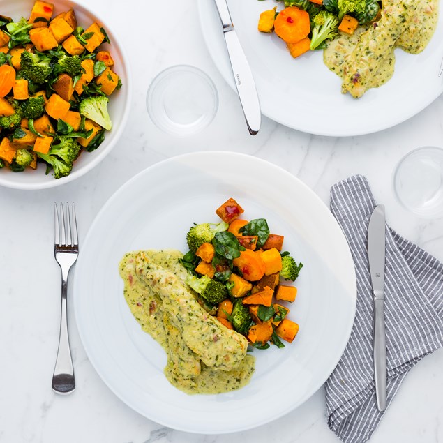 Creamy Basil Pesto Chicken with Roasted Vegetable Toss
