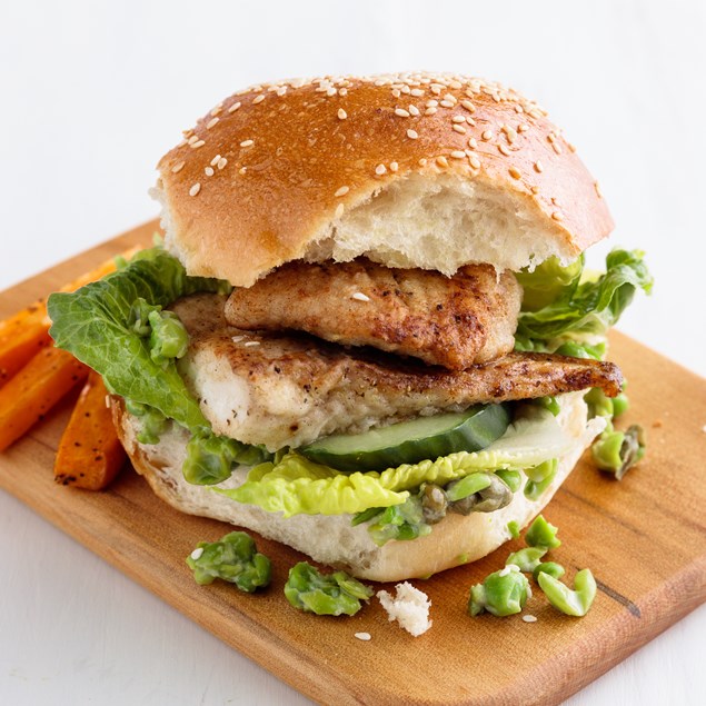 Fish Burgers with Creamy Pea and Caper Sauce