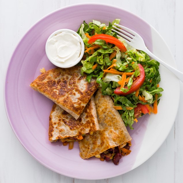 Vegetable Quesadilla with Sour Cream and Salad 