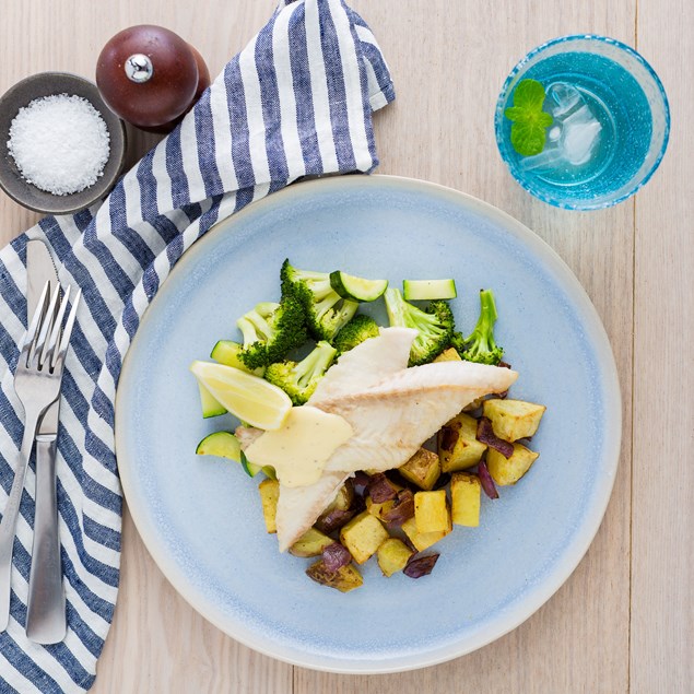 Pan-Fried Fish with Roast Vegetables and Hollandaise