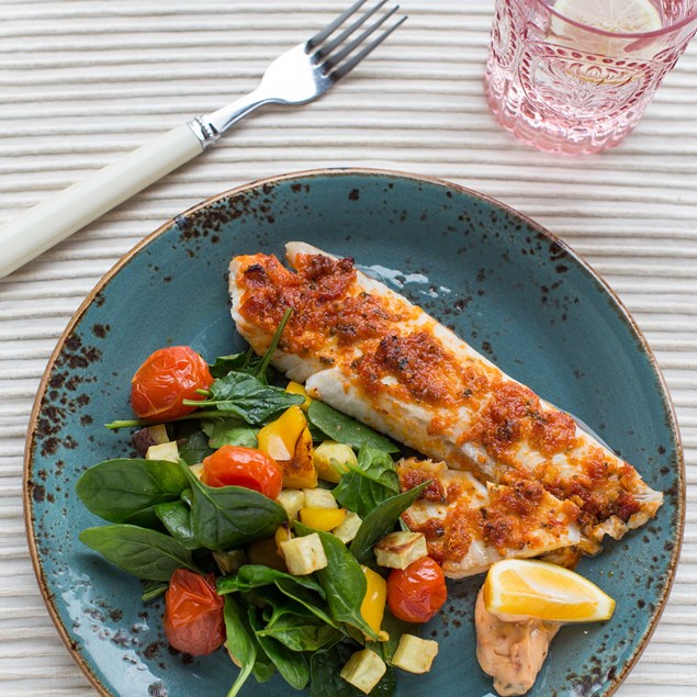 Sundried Tomato Pesto Baked Fish with Roast Vegetables