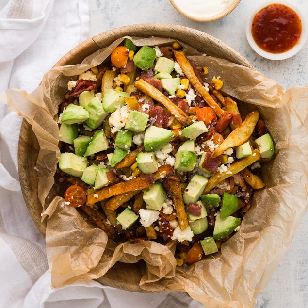Bacon Loaded Fries with Avocado and Sour Cream
