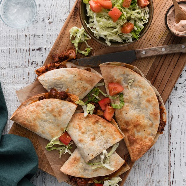 Lamb Quesadillas with Chipotle Sour Cream and Salad
