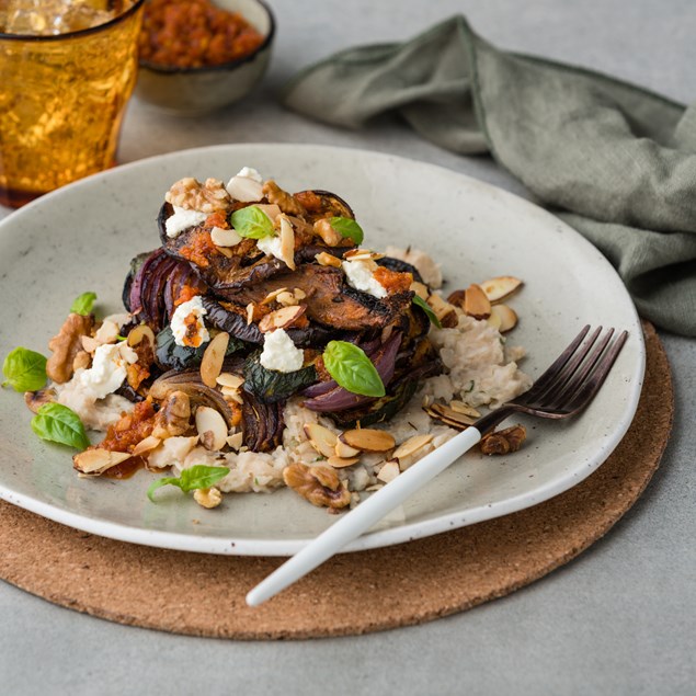 Grilled Vegetable & Ricotta Stack with Walnut Crumble & Sun-dried Tomato Romesco