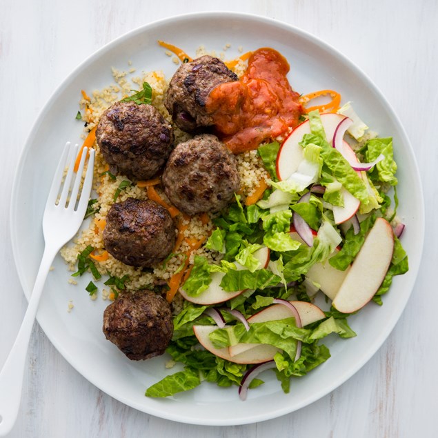 Moroccan Lamb Meatballs with Herbed Couscous and Apple Salad