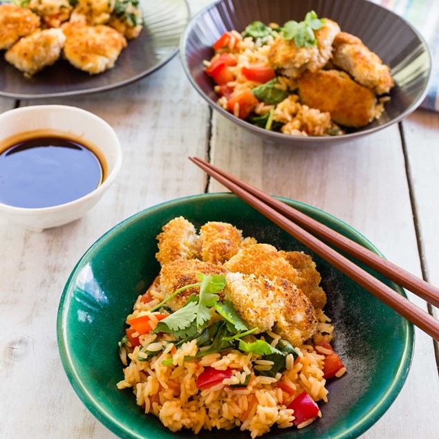 Crunchy Chicken Bites with Katsu Dipping Sauce and Veggie Rice 