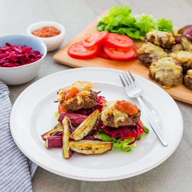 Beef Burger Stack with Kumara Wedges and Pickled Beetroot