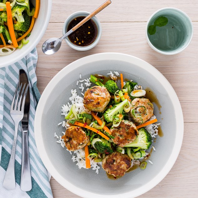 Thai Green Turkey Balls with Coconut Rice and Asian Dressing