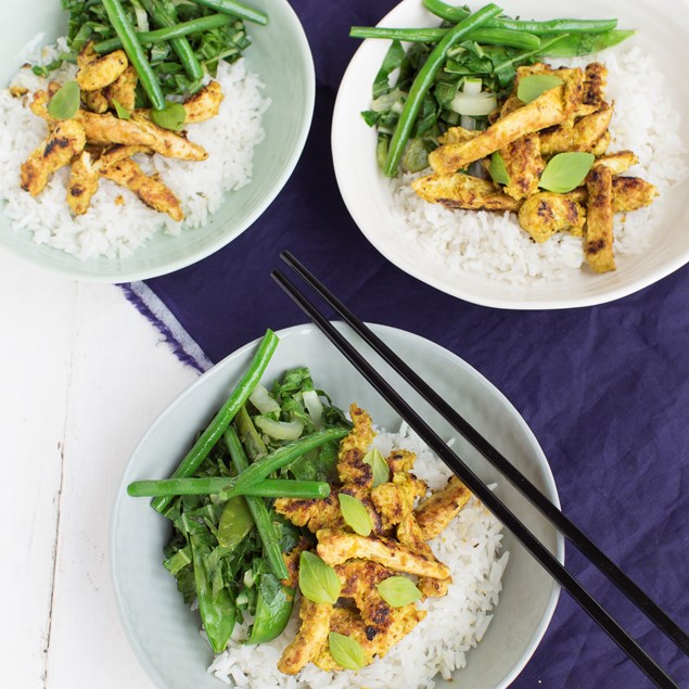 Lemongrass Chicken with Lemon Basil, Greens and Coconut Rice