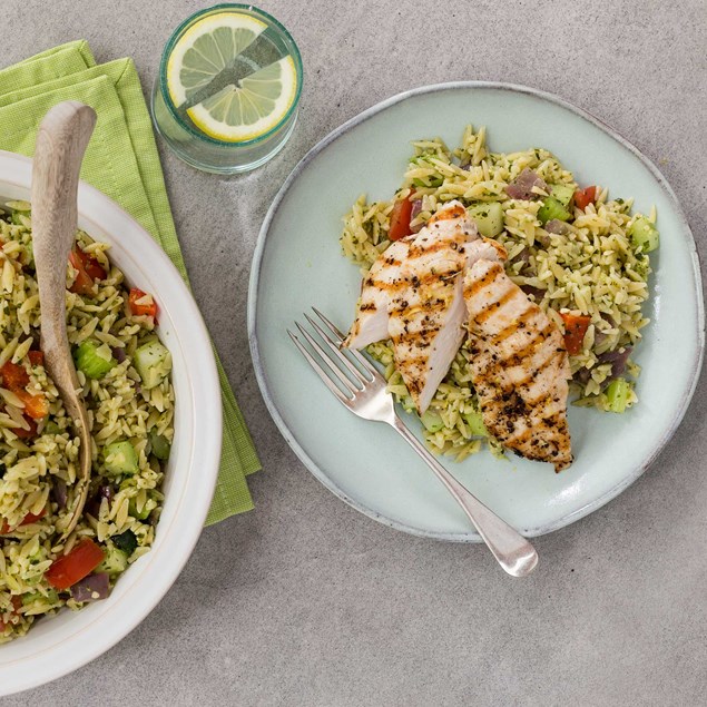 Lemon Grilled Chicken with Roast Vegetable Orzo and Basil Pesto Dressing 