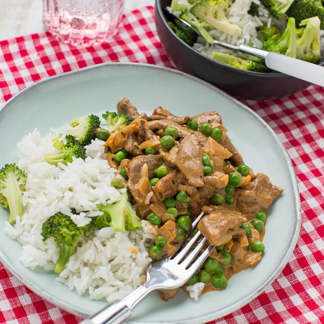 Beef Stroganoff with Peas and Broccoli Rice