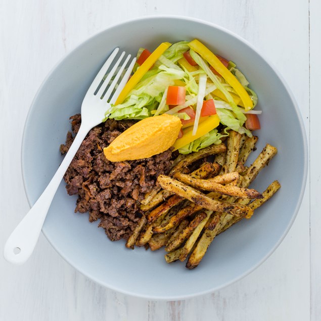 Greek Beef Gyro Bowls with Skinny Fries and Carrot Hummus