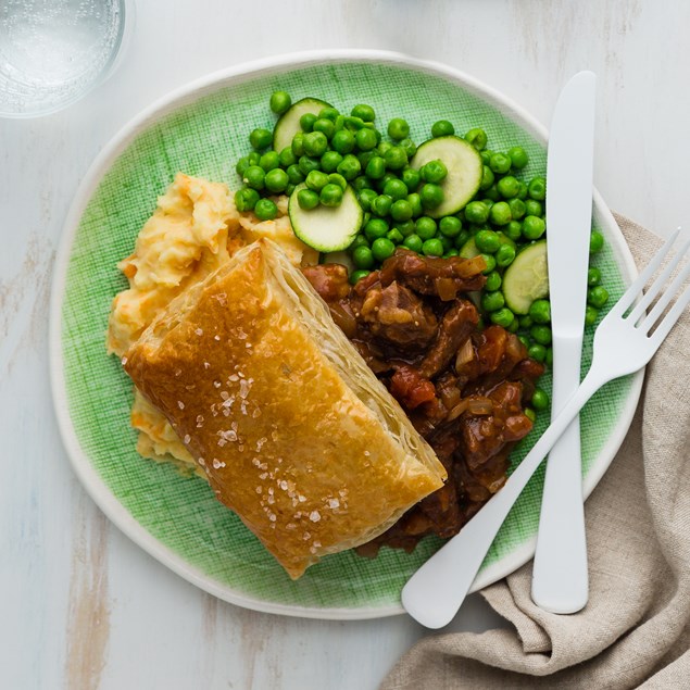 Braised Beef with Mash, Pastry Puffs and Buttered Greens