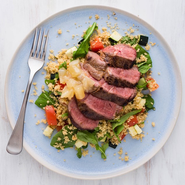 Mustard Lamb Steaks with Tomato Couscous and Apple Chutney 